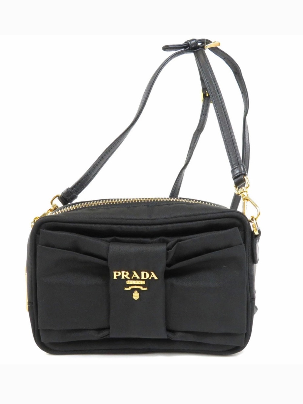 Prada Black Nylon Bow-Front Belt/Crossbody Bag with Gold Hardware. Authentic